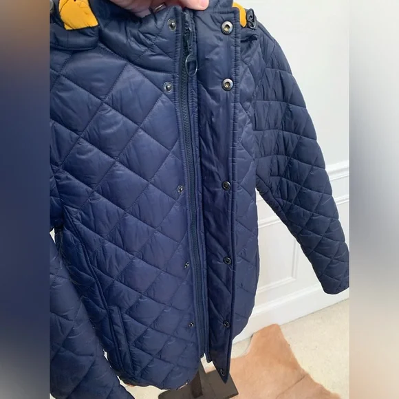 Barbour Navy Pillar Greatcoat Hooded quilt Jacket size small Men / Unisex